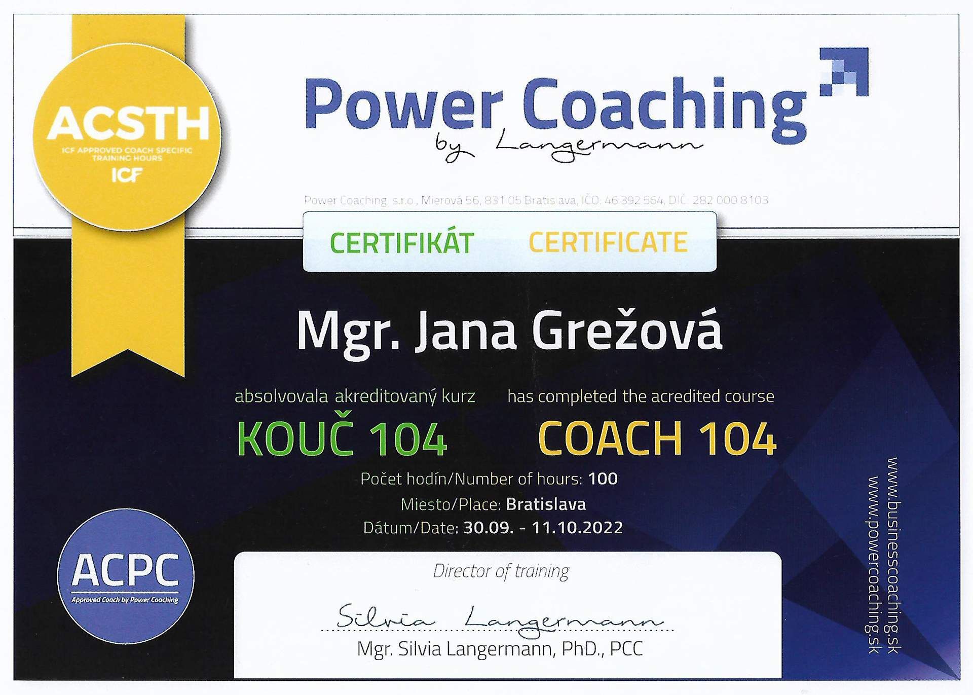 Jana Grežová ACPC Certifikát